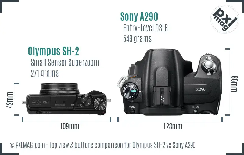 Olympus SH-2 vs Sony A290 top view buttons comparison