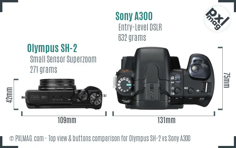 Olympus SH-2 vs Sony A300 top view buttons comparison