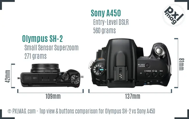 Olympus SH-2 vs Sony A450 top view buttons comparison