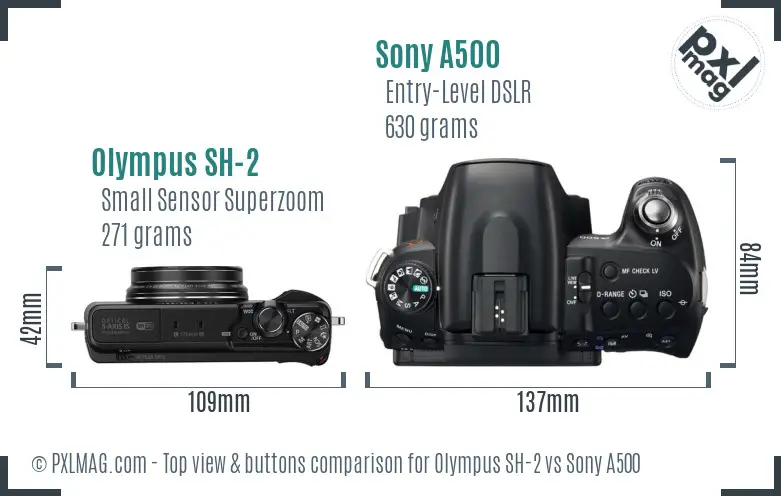 Olympus SH-2 vs Sony A500 top view buttons comparison