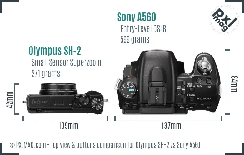 Olympus SH-2 vs Sony A560 top view buttons comparison