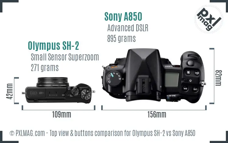 Olympus SH-2 vs Sony A850 top view buttons comparison