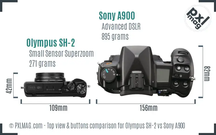 Olympus SH-2 vs Sony A900 top view buttons comparison