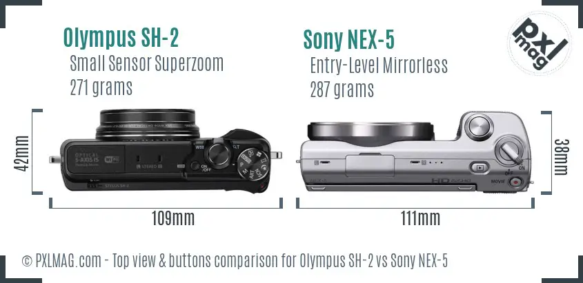Olympus SH-2 vs Sony NEX-5 top view buttons comparison