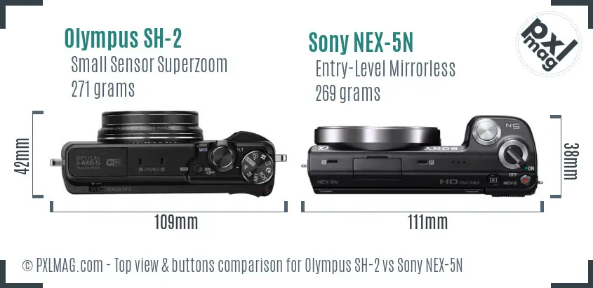 Olympus SH-2 vs Sony NEX-5N top view buttons comparison