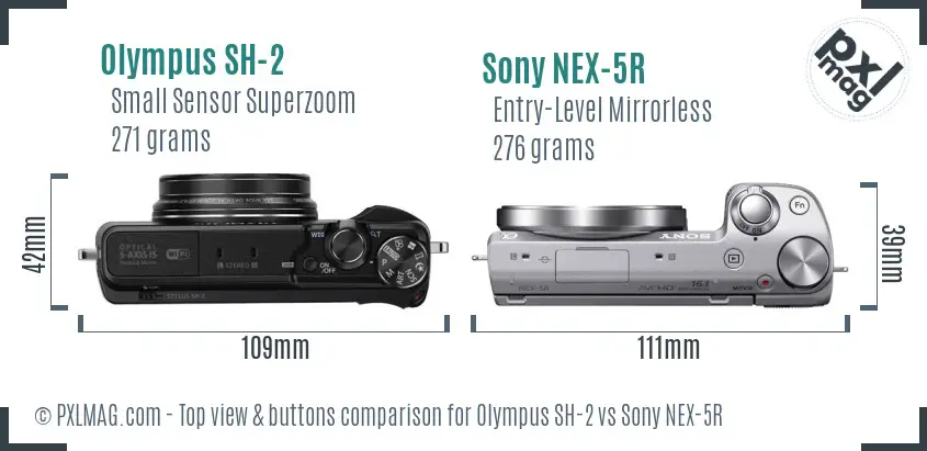 Olympus SH-2 vs Sony NEX-5R top view buttons comparison