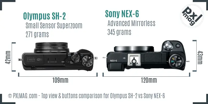 Olympus SH-2 vs Sony NEX-6 top view buttons comparison