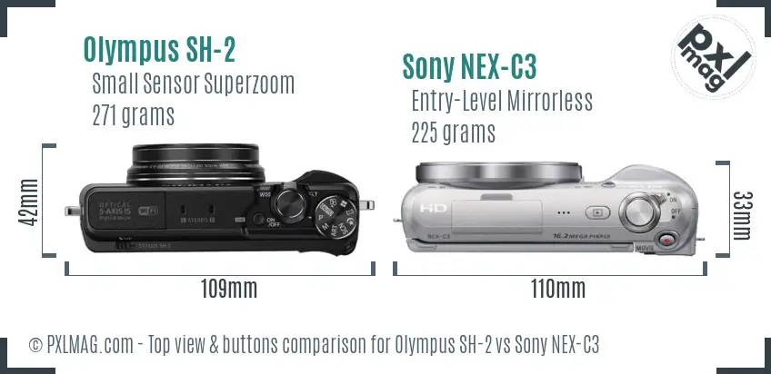 Olympus SH-2 vs Sony NEX-C3 top view buttons comparison