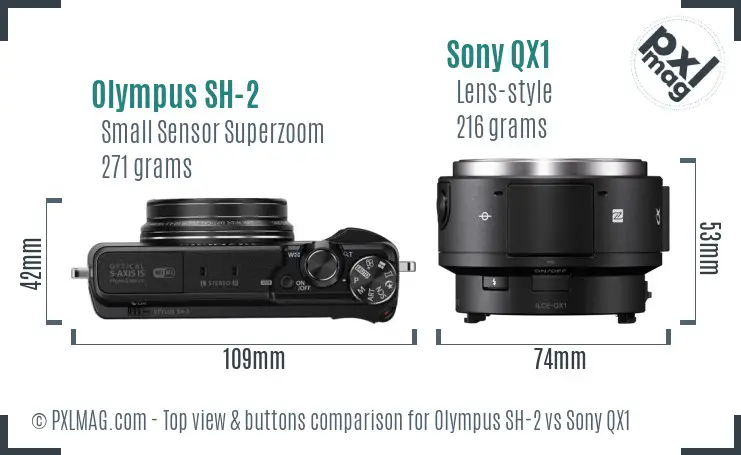 Olympus SH-2 vs Sony QX1 top view buttons comparison
