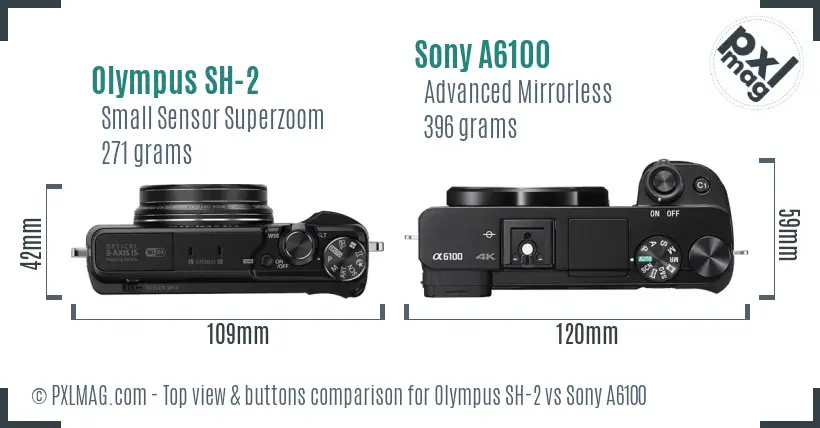 Olympus SH-2 vs Sony A6100 top view buttons comparison