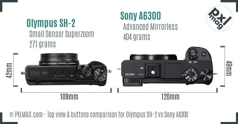 Olympus SH-2 vs Sony A6300 top view buttons comparison