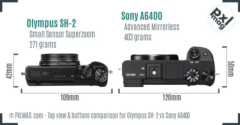 Olympus SH-2 vs Sony A6400 top view buttons comparison