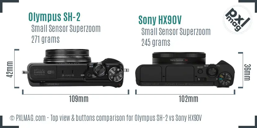 Olympus SH-2 vs Sony HX90V top view buttons comparison