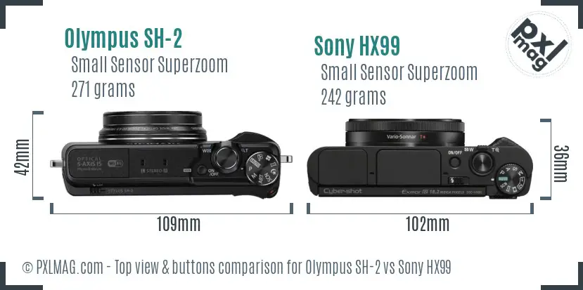 Olympus SH-2 vs Sony HX99 top view buttons comparison