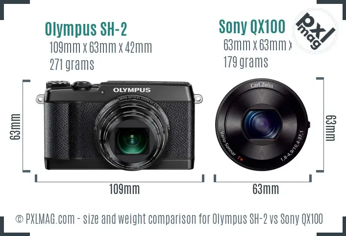 Olympus SH-2 vs Sony QX100 size comparison