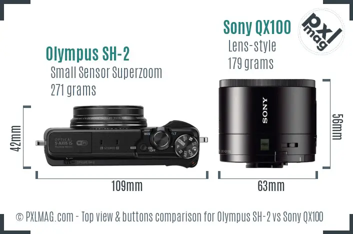 Olympus SH-2 vs Sony QX100 top view buttons comparison