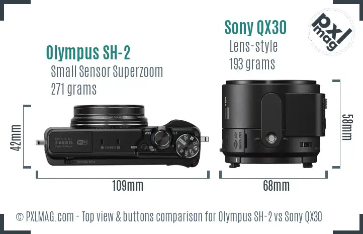 Olympus SH-2 vs Sony QX30 top view buttons comparison