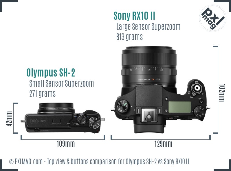 Olympus SH-2 vs Sony RX10 II top view buttons comparison