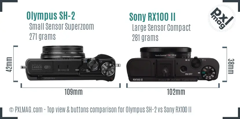Olympus SH-2 vs Sony RX100 II top view buttons comparison