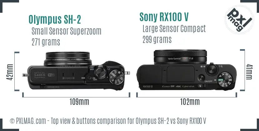 Olympus SH-2 vs Sony RX100 V top view buttons comparison