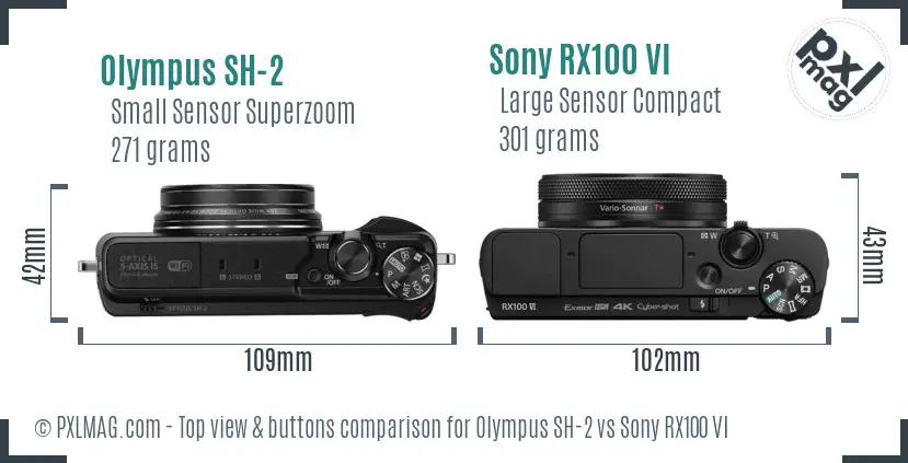 Olympus SH-2 vs Sony RX100 VI top view buttons comparison Olympus SH-2 vs Sony RX100 VI top view buttons comparison