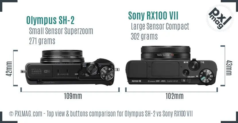Olympus SH-2 vs Sony RX100 VII top view buttons comparison Olympus SH-2 vs Sony RX100 VII top view buttons comparison