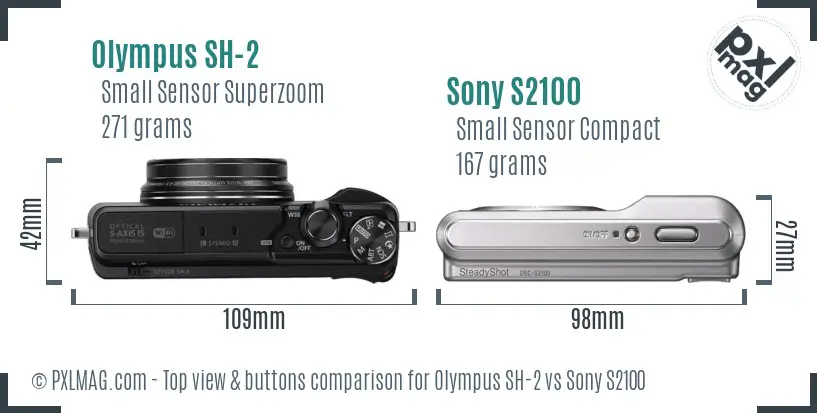 Olympus SH-2 vs Sony S2100 top view buttons comparison Olympus SH-2 vs Sony S2100 top view buttons comparison