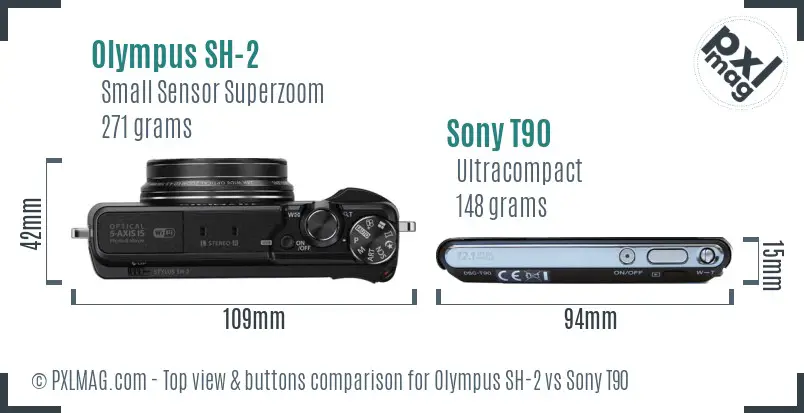 Olympus SH-2 vs Sony T90 top view buttons comparison