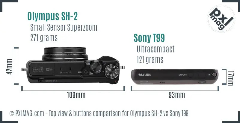 Olympus SH-2 vs Sony T99 top view buttons comparison