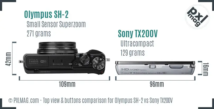 Olympus SH-2 vs Sony TX200V top view buttons comparison