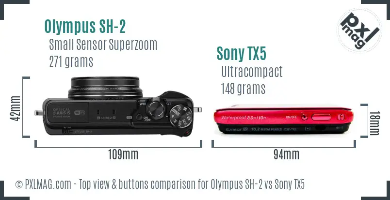 Olympus SH-2 vs Sony TX5 top view buttons comparison Olympus SH-2 vs Sony TX5 top view buttons comparison