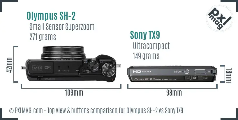 Olympus SH-2 vs Sony TX9 top view buttons comparison
