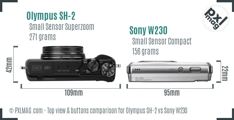 Olympus SH-2 vs Sony W230 top view buttons comparison