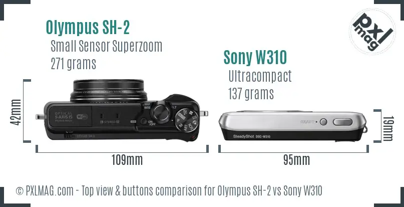 Olympus SH-2 vs Sony W310 top view buttons comparison