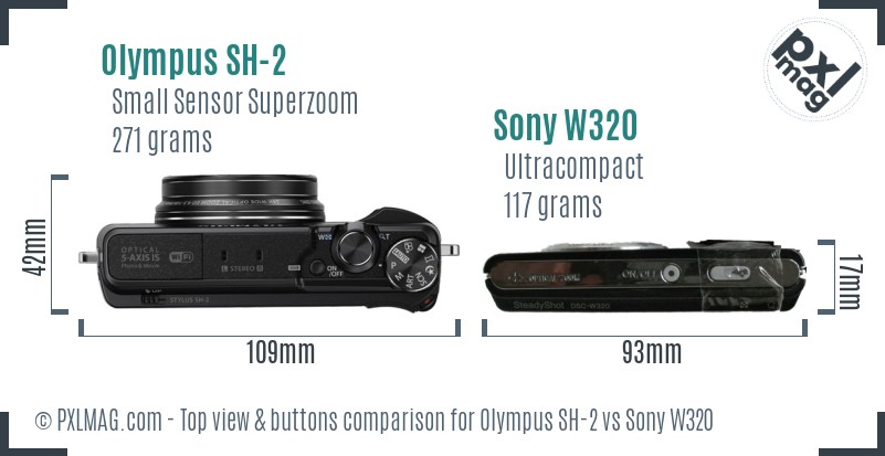 Olympus SH-2 vs Sony W320 top view buttons comparison