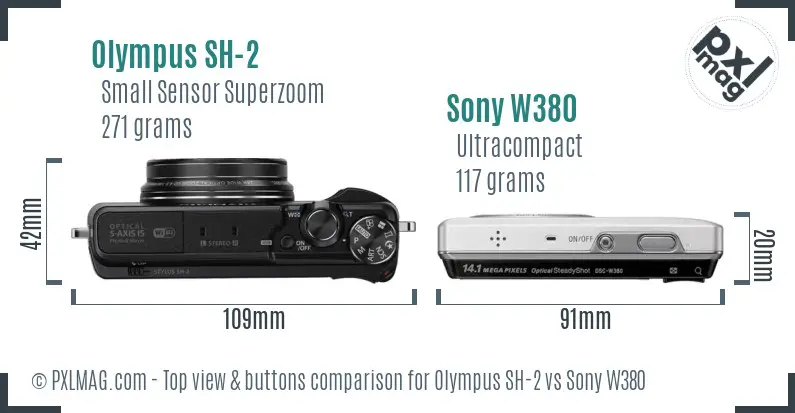Olympus SH-2 vs Sony W380 top view buttons comparison Olympus SH-2 vs Sony W380 top view buttons comparison