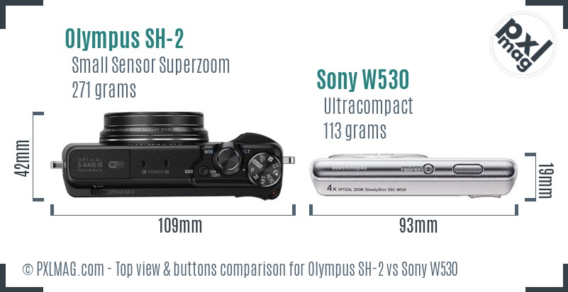 Olympus SH-2 vs Sony W530 top view buttons comparison