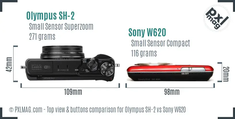 Olympus SH-2 vs Sony W620 top view buttons comparison