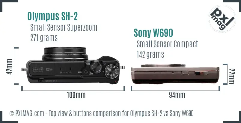 Olympus SH-2 vs Sony W690 top view buttons comparison Olympus SH-2 vs Sony W690 top view buttons comparison