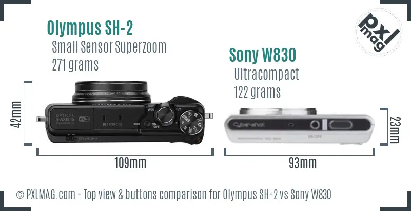 Olympus SH-2 vs Sony W830 top view buttons comparison