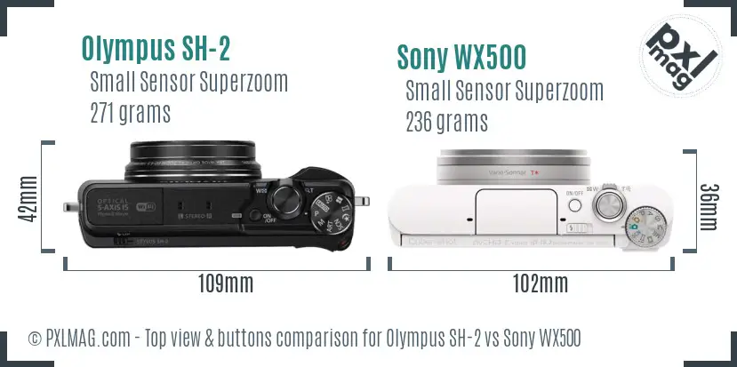 Olympus SH-2 vs Sony WX500 top view buttons comparison