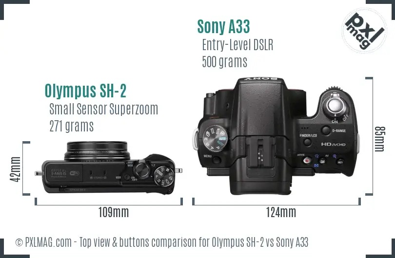 Olympus SH-2 vs Sony A33 top view buttons comparison Olympus SH-2 vs Sony A33 top view buttons comparison