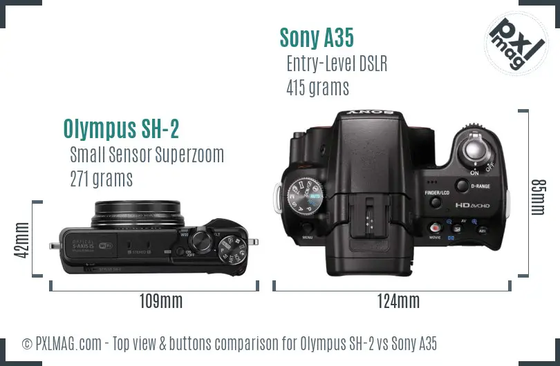 Olympus SH-2 vs Sony A35 top view buttons comparison