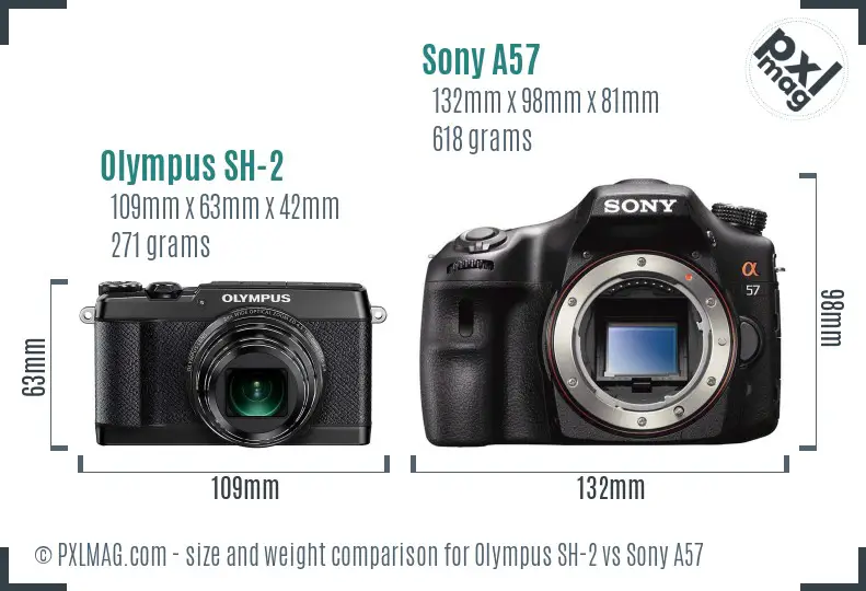 Olympus SH-2 vs Sony A57 size comparison