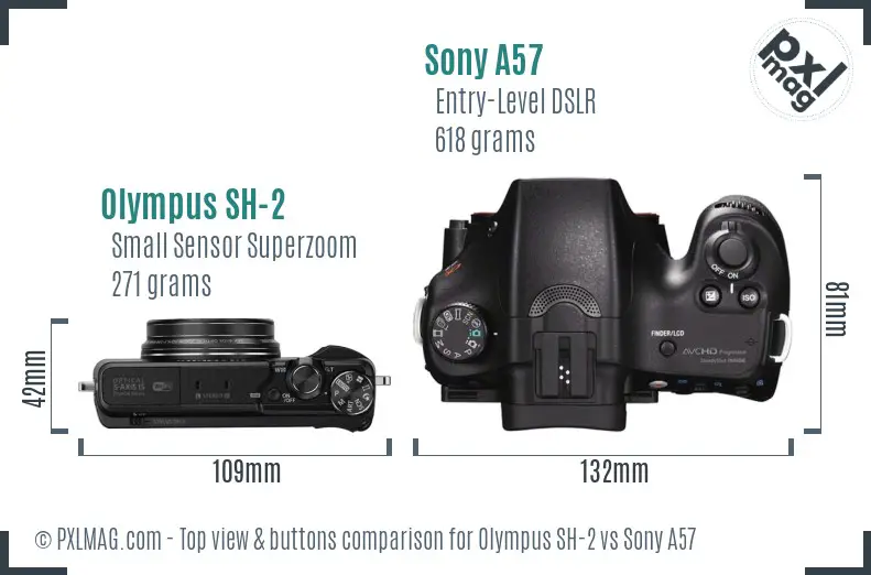 Olympus SH-2 vs Sony A57 top view buttons comparison