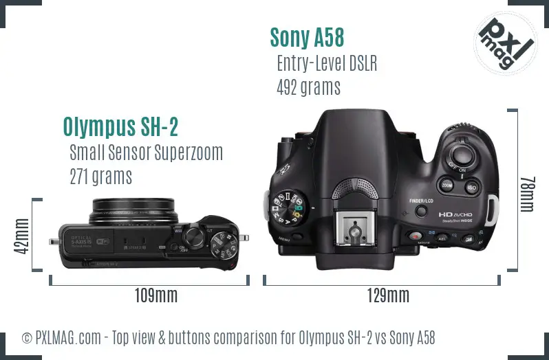 Olympus SH-2 vs Sony A58 top view buttons comparison Olympus SH-2 vs Sony A58 top view buttons comparison