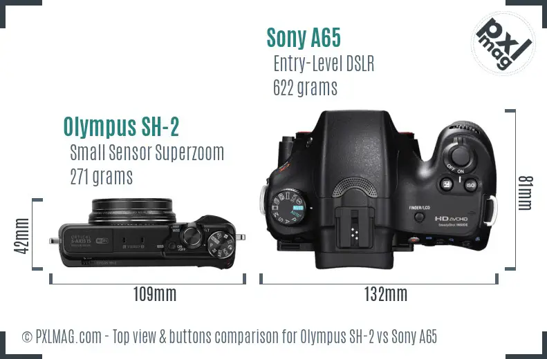 Olympus SH-2 vs Sony A65 top view buttons comparison Olympus SH-2 vs Sony A65 top view buttons comparison