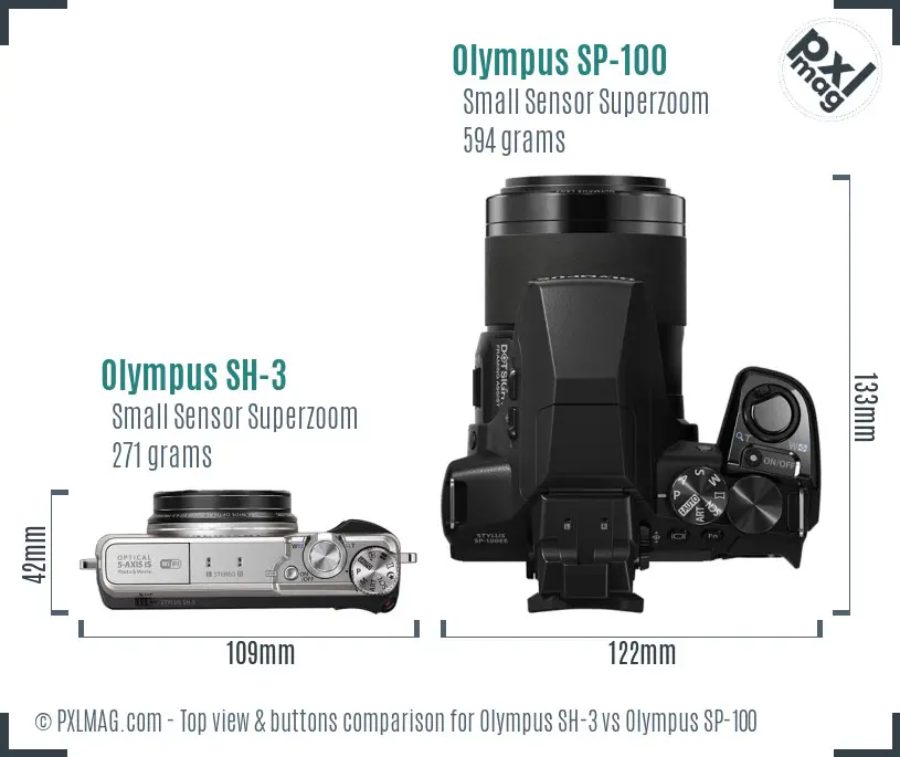 Olympus SH-3 vs Olympus SP-100 top view buttons comparison