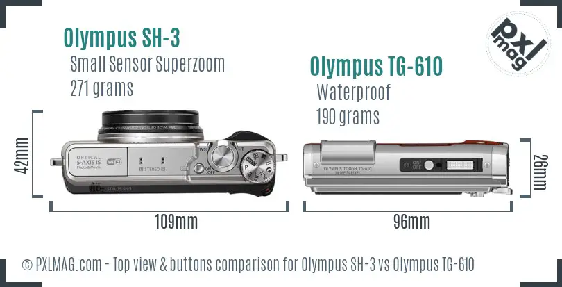 Olympus SH-3 vs Olympus TG-610 top view buttons comparison