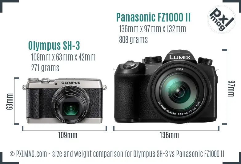 Olympus SH-3 vs Panasonic FZ1000 II size comparison